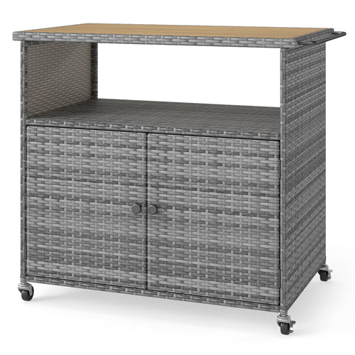 Outdoor Storage Cabinet, Acacia Wood Top, Lockable Wheels, Gray