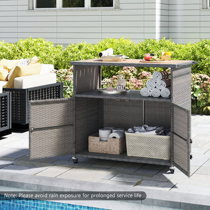 Outdoor Storage Cabinet, Acacia Wood Top, Lockable Wheels, Gray