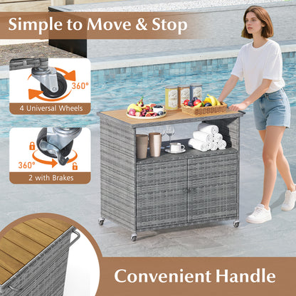 Outdoor Storage Cabinet, Acacia Wood Top, Lockable Wheels, Gray