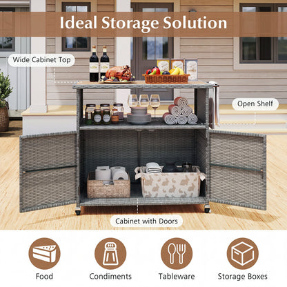 Outdoor Storage Cabinet, Acacia Wood Top, Lockable Wheels, Gray