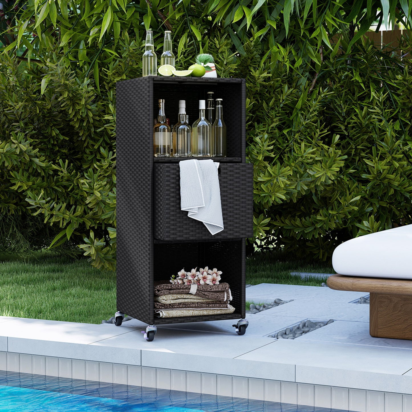 Outdoor Storage Cabinet with Drawer and 3 Shelves, Black
