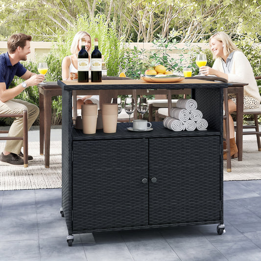 Outdoor Storage Cabinet With Acacia Wood Top, Black