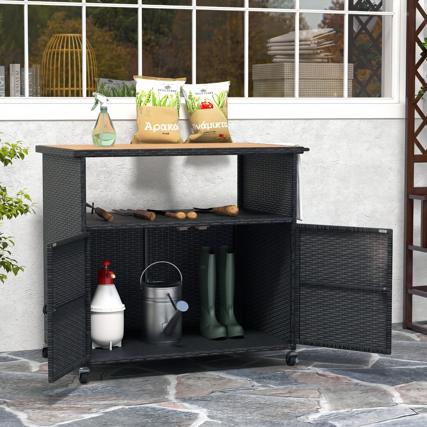 Outdoor Storage Cabinet With Acacia Wood Top, Black