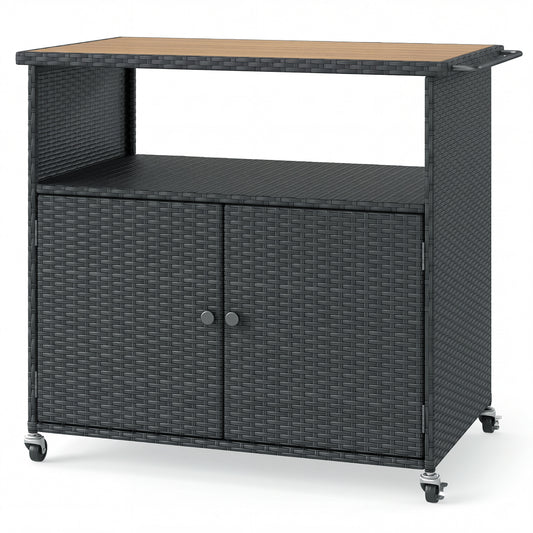 Outdoor Storage Cabinet With Acacia Wood Top, Black