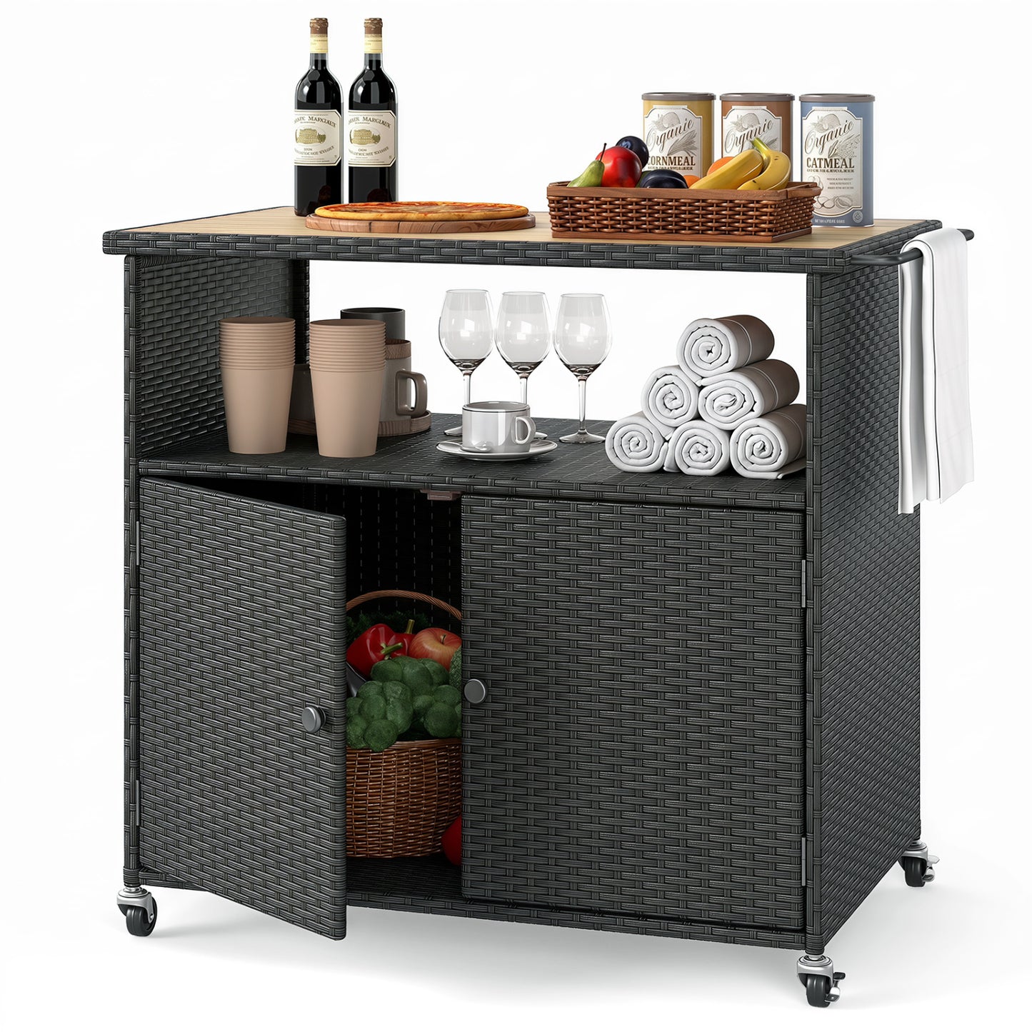 Outdoor Storage Cabinet With Acacia Wood Top, Black