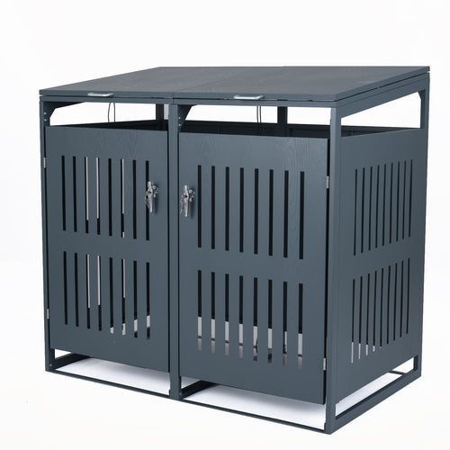 Outdoor Trash Can Storage Shed, 2 Bins With Gas Struts, Gray