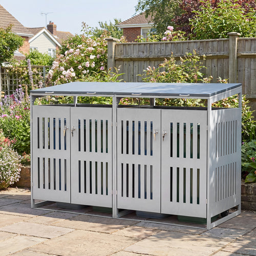 Outdoor Trash Can Storage Shed For 2 Bins, Silver