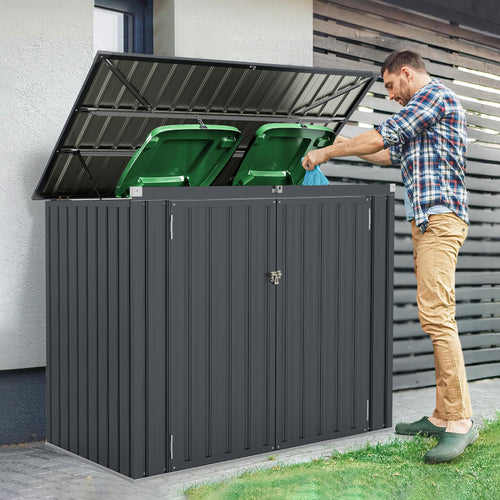 Outdoor Trash Can Storage Shed, Double Openings, Dark Gray