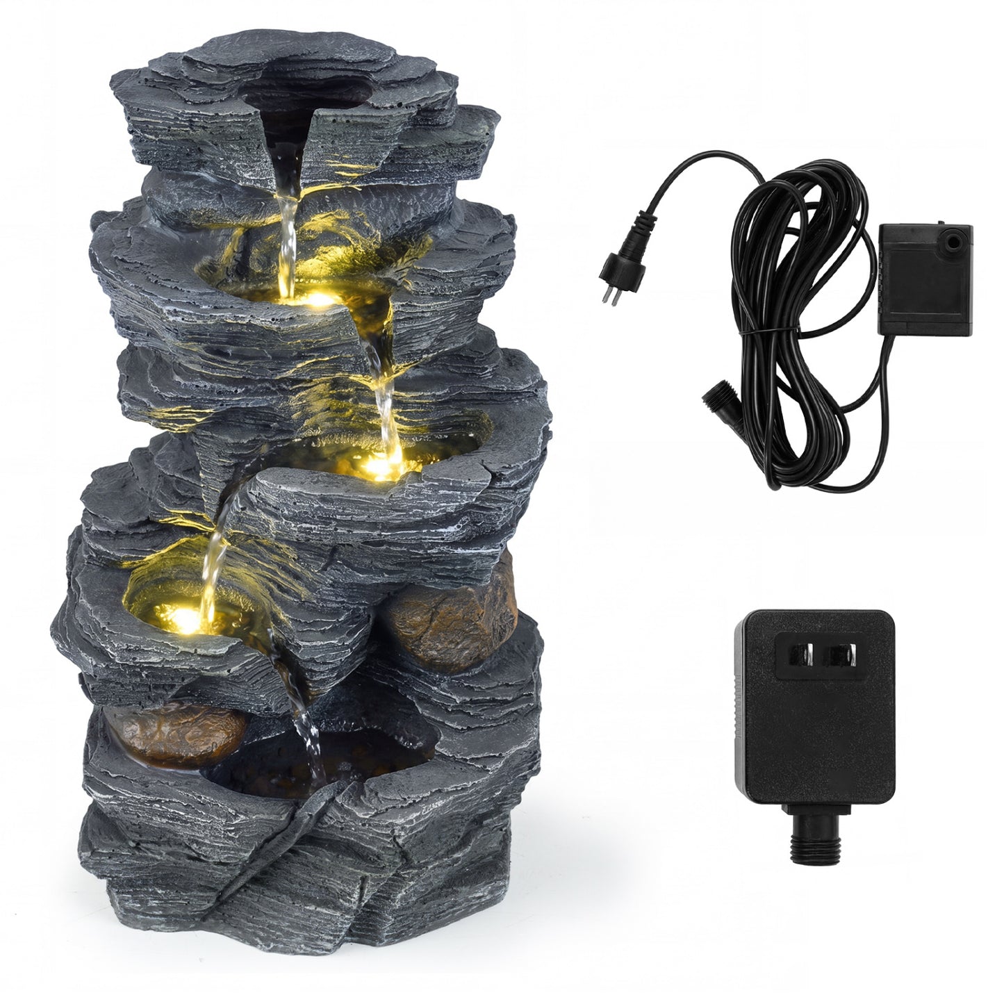 5-Tier Tabletop Cascading Rock Waterfall Fountain With LED Lights, Pump Outdoor Decor Gray at Gallery Canada