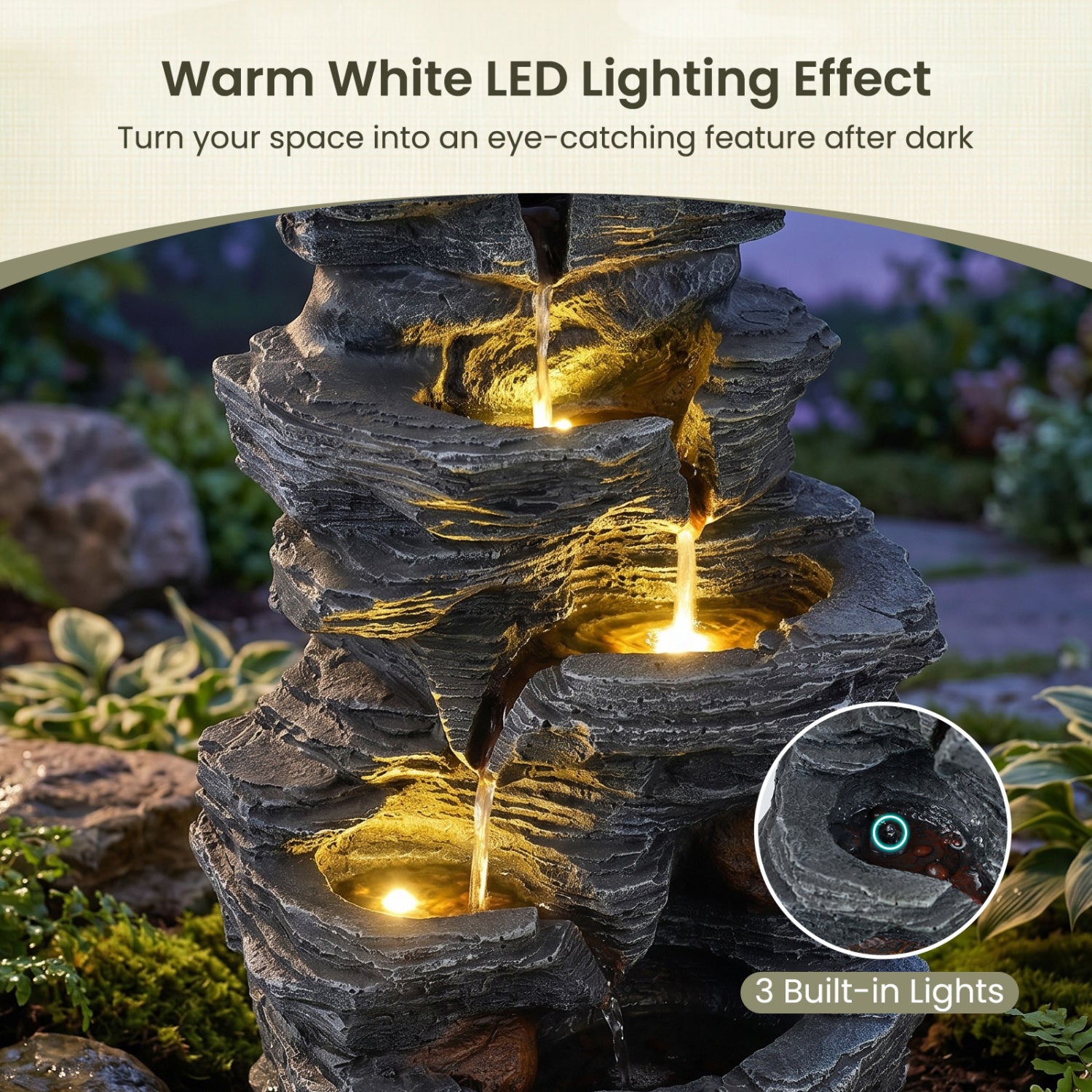 5-Tier Tabletop Cascading Rock Waterfall Fountain With LED Lights, Pump Outdoor Decor at Gallery Canada