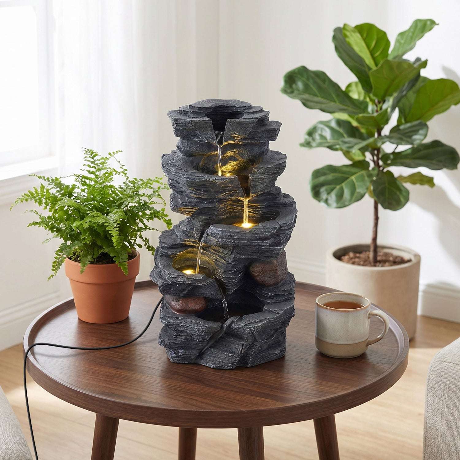 5-Tier Tabletop Cascading Rock Waterfall Fountain With LED Lights, Pump Outdoor Decor at Gallery Canada