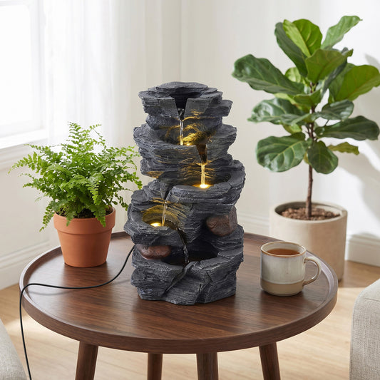 5-Tier Tabletop Cascading Rock Waterfall Fountain With LED Lights, Pump Outdoor Decor Gray at Gallery Canada