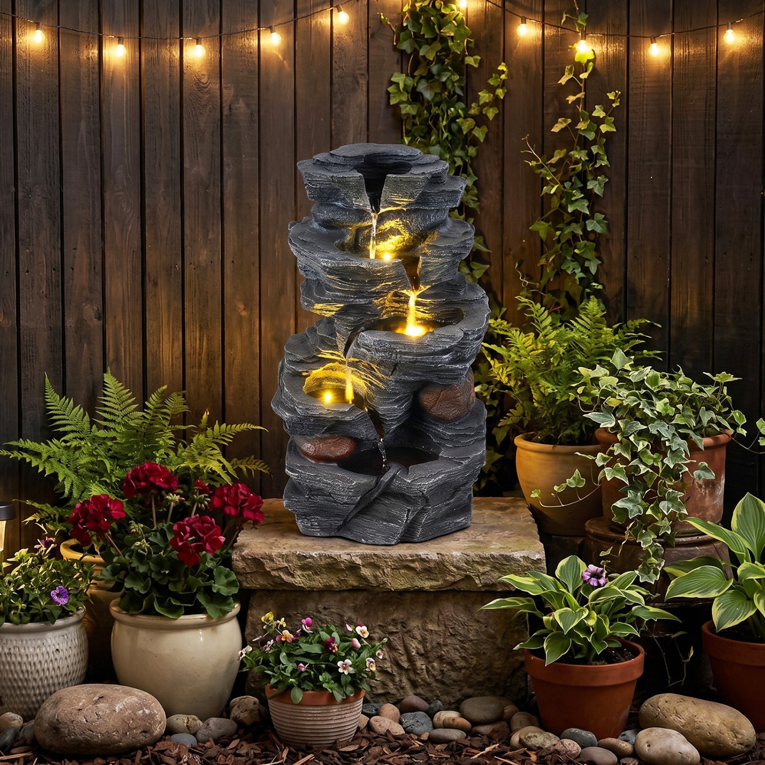5-Tier Tabletop Cascading Rock Waterfall Fountain With LED Lights, Pump Outdoor Decor at Gallery Canada
