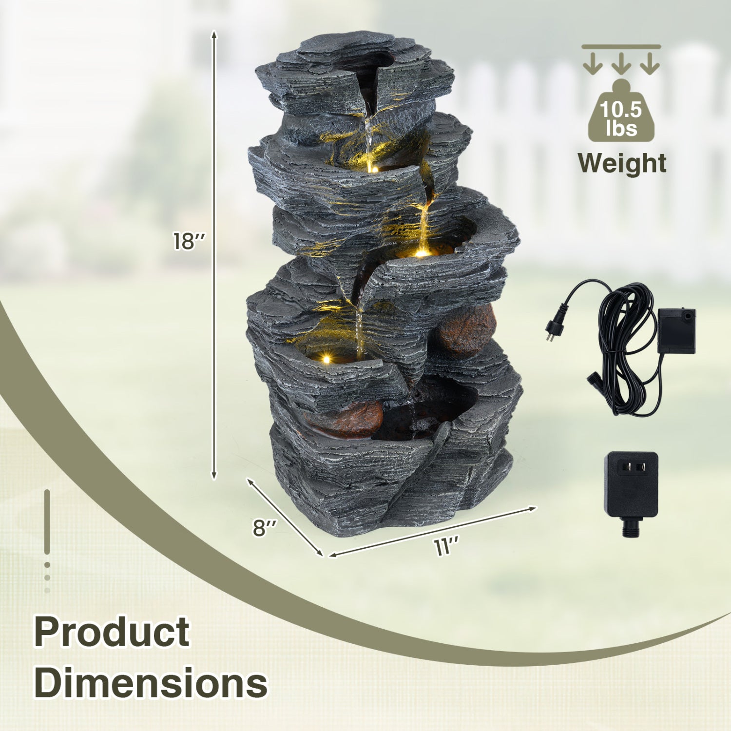 5-Tier Tabletop Cascading Rock Waterfall Fountain With LED Lights, Pump Outdoor Decor at Gallery Canada