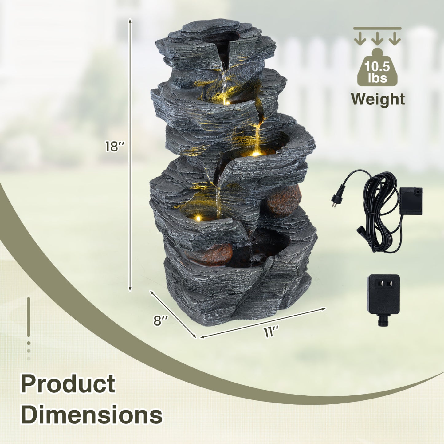 5-Tier Tabletop Cascading Rock Waterfall Fountain With LED Lights, Pump Outdoor Decor at Gallery Canada