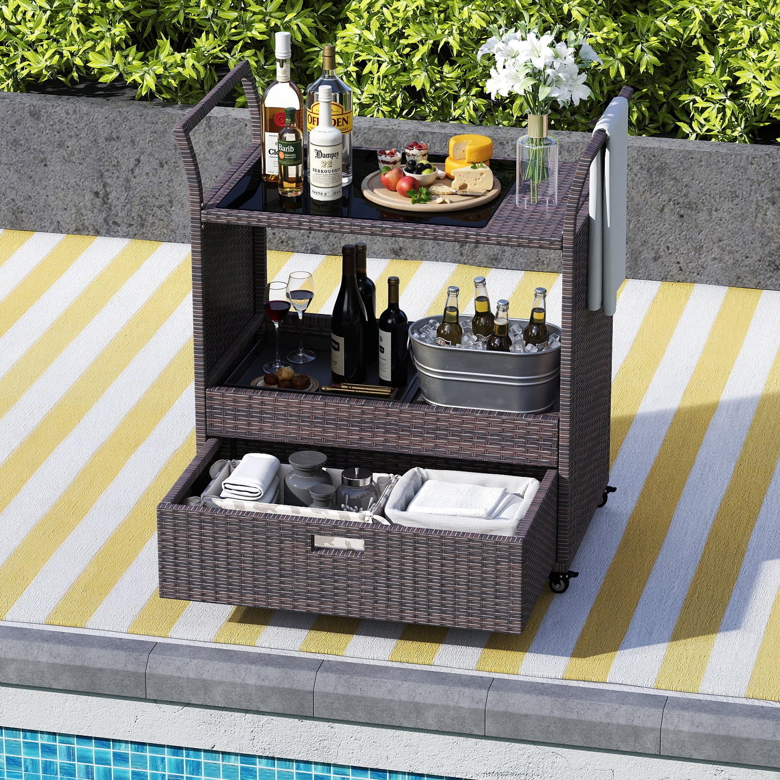 Outdoor Wicker Bar Cart Table with Tempered Glass Top Kitchen Islands & Carts at Gallery Canada