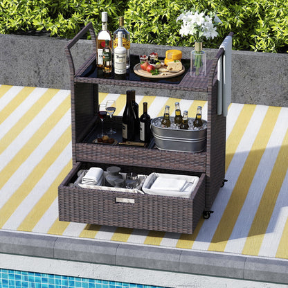 Outdoor Wicker Bar Cart Table with Tempered Glass Top Kitchen Islands & Carts at Gallery Canada