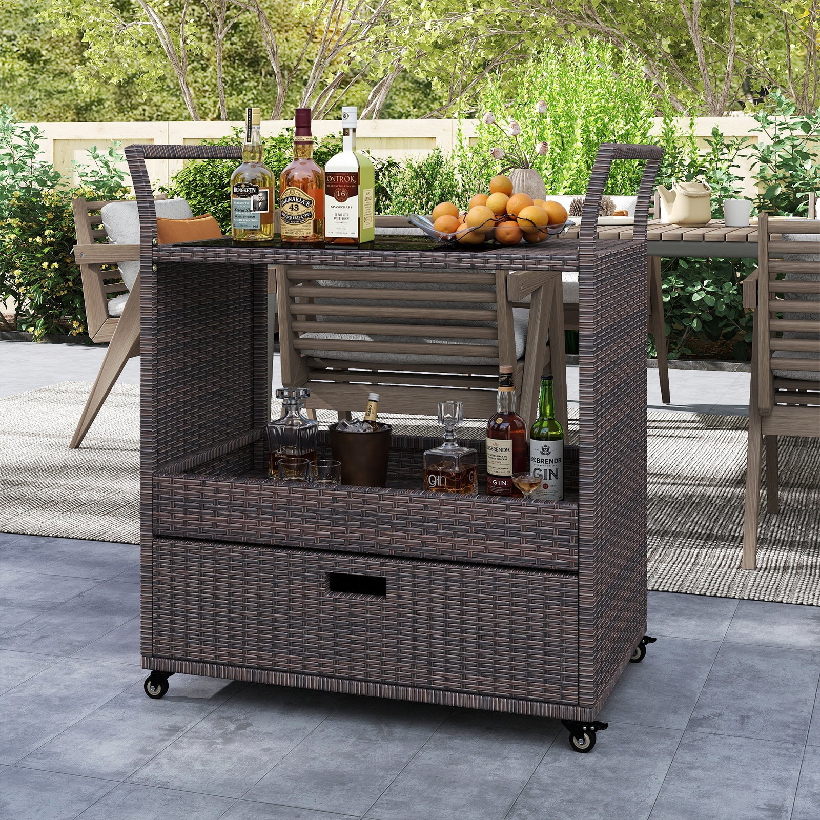 Outdoor Wicker Bar Cart Table with Tempered Glass Top Kitchen Islands & Carts at Gallery Canada