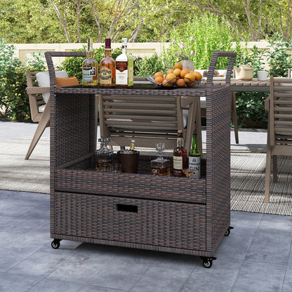 Outdoor Wicker Bar Cart Table with Tempered Glass Top Kitchen Islands & Carts at Gallery Canada