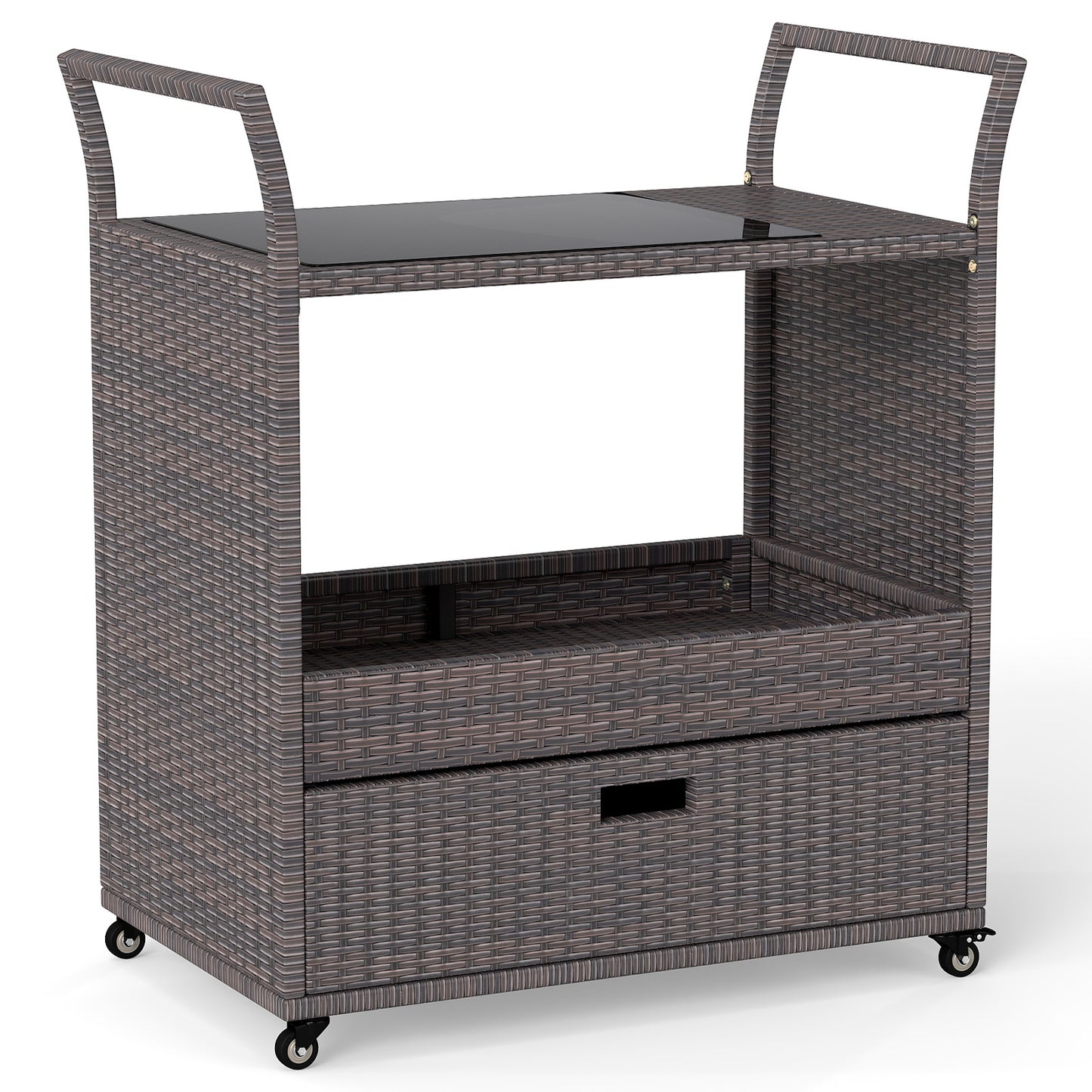 Outdoor Wicker Bar Cart Table with Tempered Glass Top Kitchen Islands & Carts Options at Gallery Canada