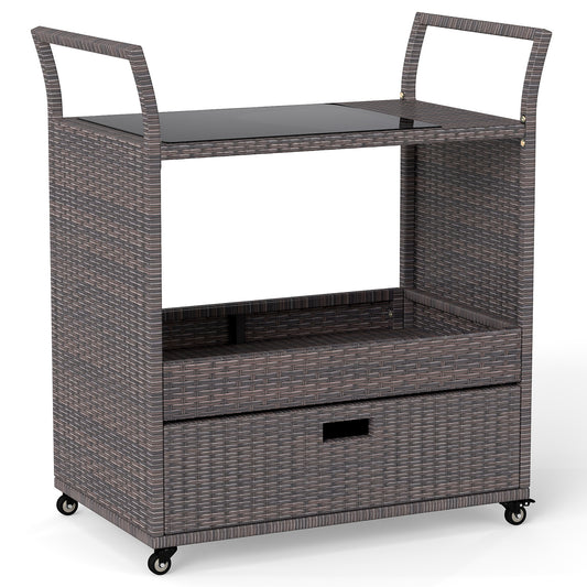 Outdoor Wicker Bar Cart Table with Tempered Glass Top Kitchen Islands & Carts Options at Gallery Canada