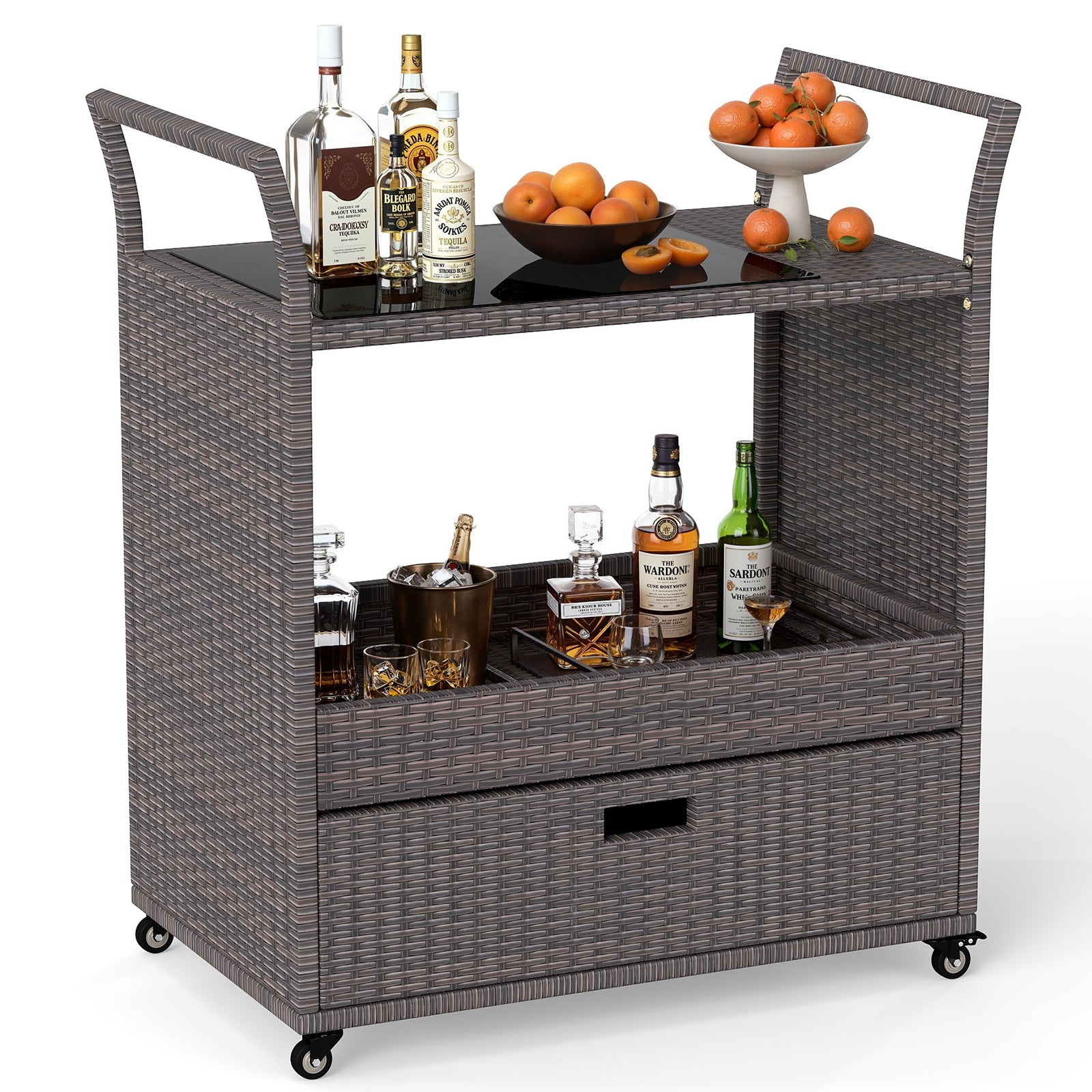 Outdoor Wicker Bar Cart Table with Tempered Glass Top Kitchen Islands & Carts at Gallery Canada