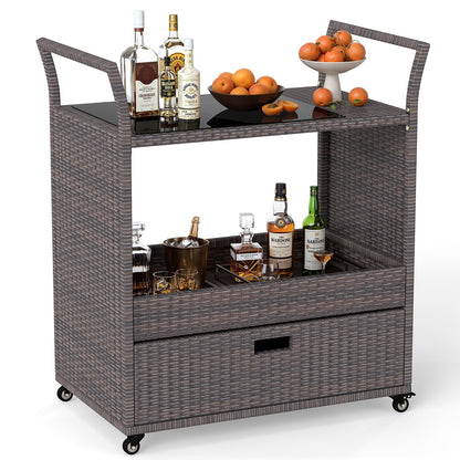 Outdoor Wicker Bar Cart Table with Tempered Glass Top Kitchen Islands & Carts at Gallery Canada