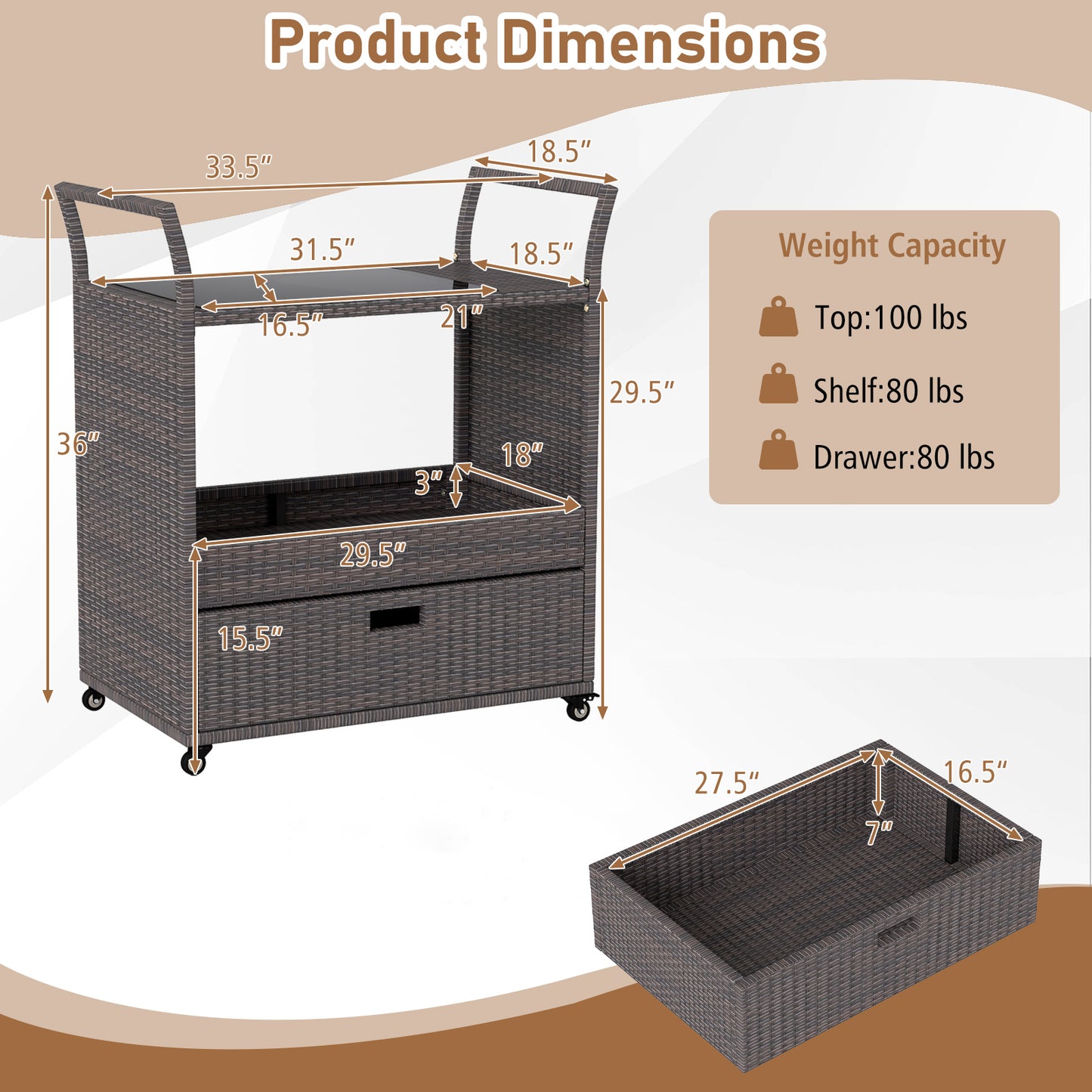 Outdoor Wicker Bar Cart Table with Tempered Glass Top Kitchen Islands & Carts at Gallery Canada
