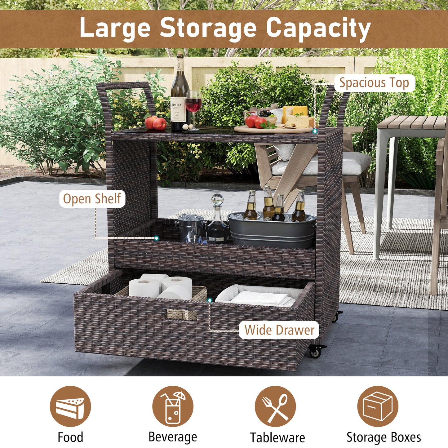 Outdoor Wicker Bar Cart Table with Tempered Glass Top Kitchen Islands & Carts at Gallery Canada