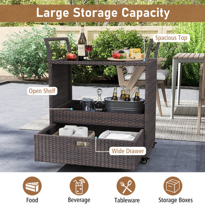 Outdoor Wicker Bar Cart Table with Tempered Glass Top Kitchen Islands & Carts at Gallery Canada