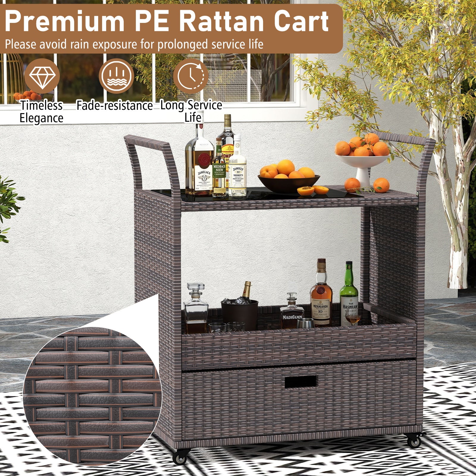 Outdoor Wicker Bar Cart Table with Tempered Glass Top Kitchen Islands & Carts at Gallery Canada