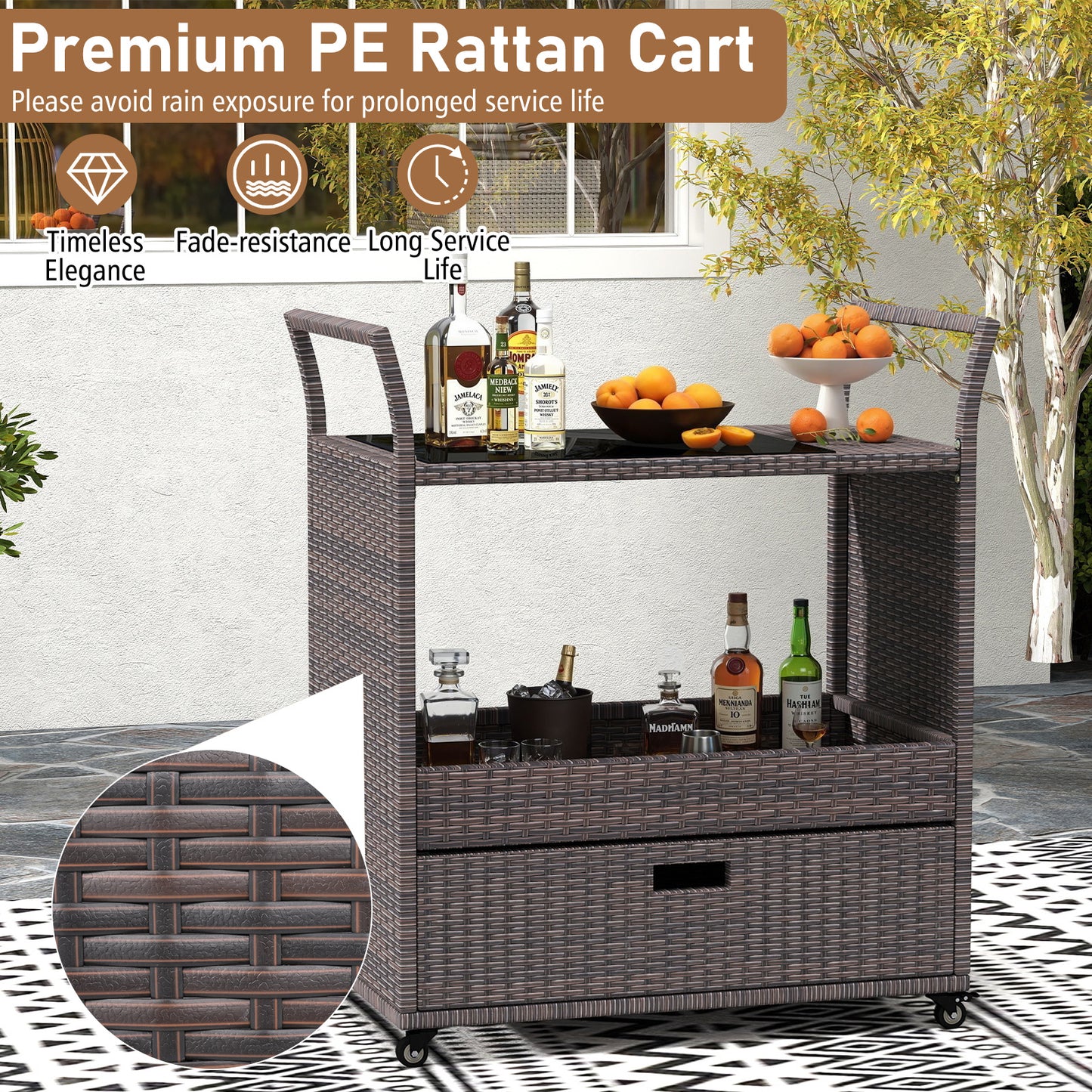 Outdoor Wicker Bar Cart Table with Tempered Glass Top Kitchen Islands & Carts at Gallery Canada