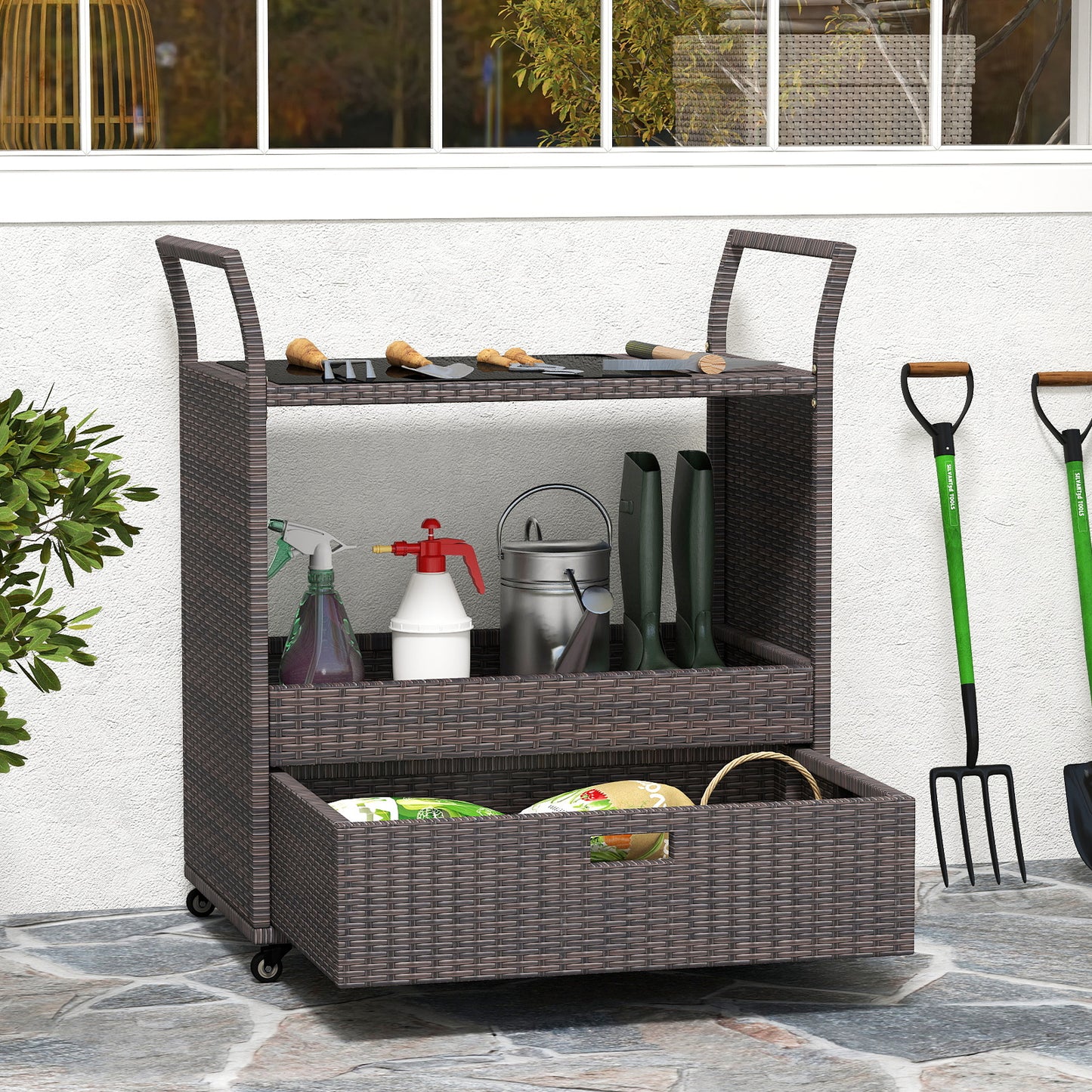 Outdoor Wicker Bar Cart Table with Tempered Glass Top Kitchen Islands & Carts at Gallery Canada