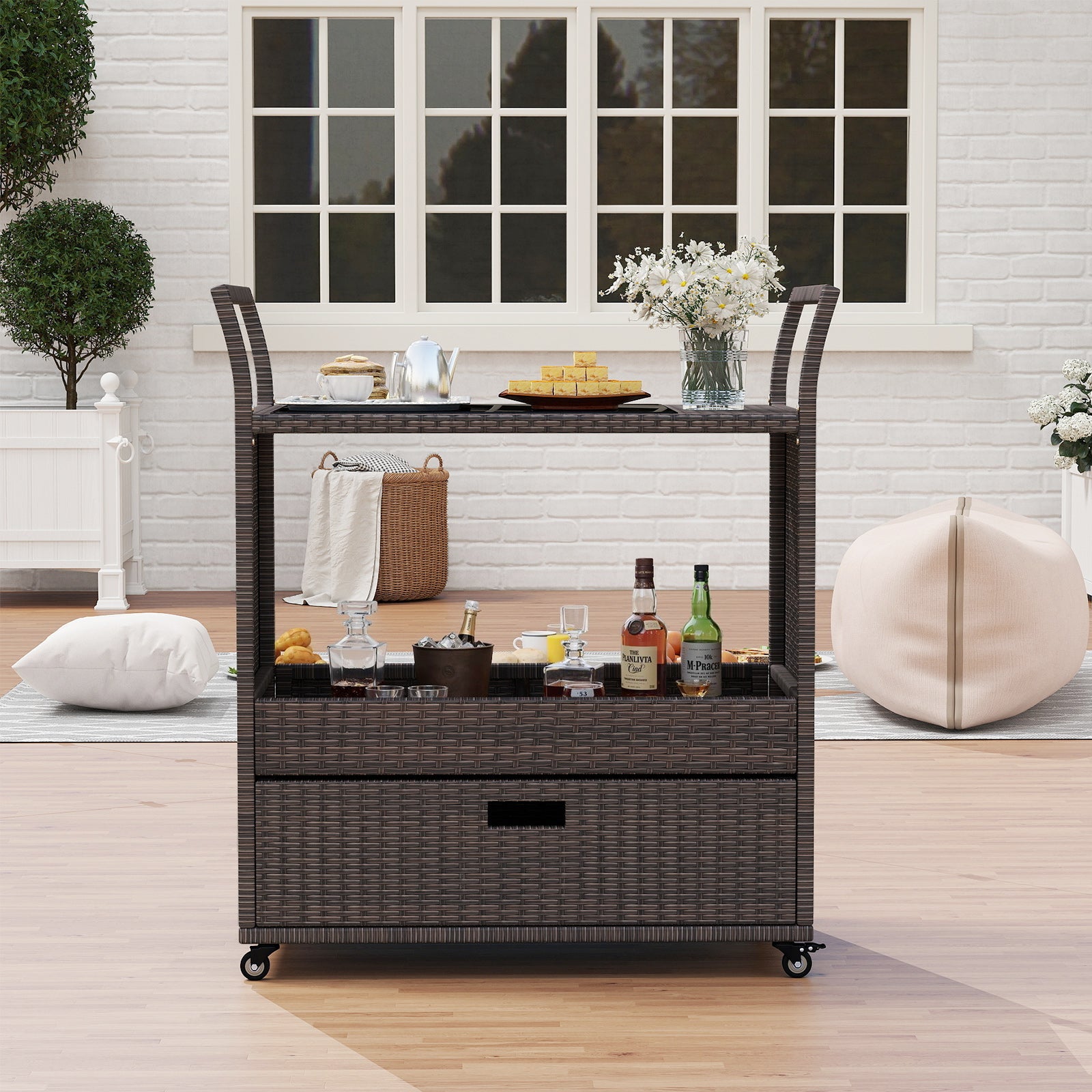 Outdoor Wicker Bar Cart Table with Tempered Glass Top Kitchen Islands & Carts at Gallery Canada