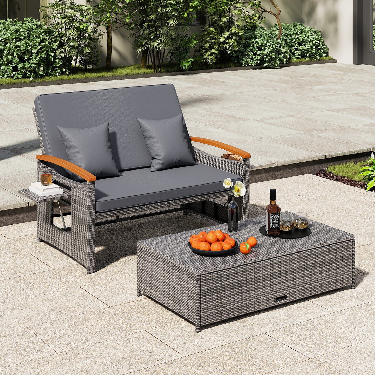 Outdoor Wicker Daybed with Folding Panels and Storage Ottoman-Mix Gray, Mix Grey-grey