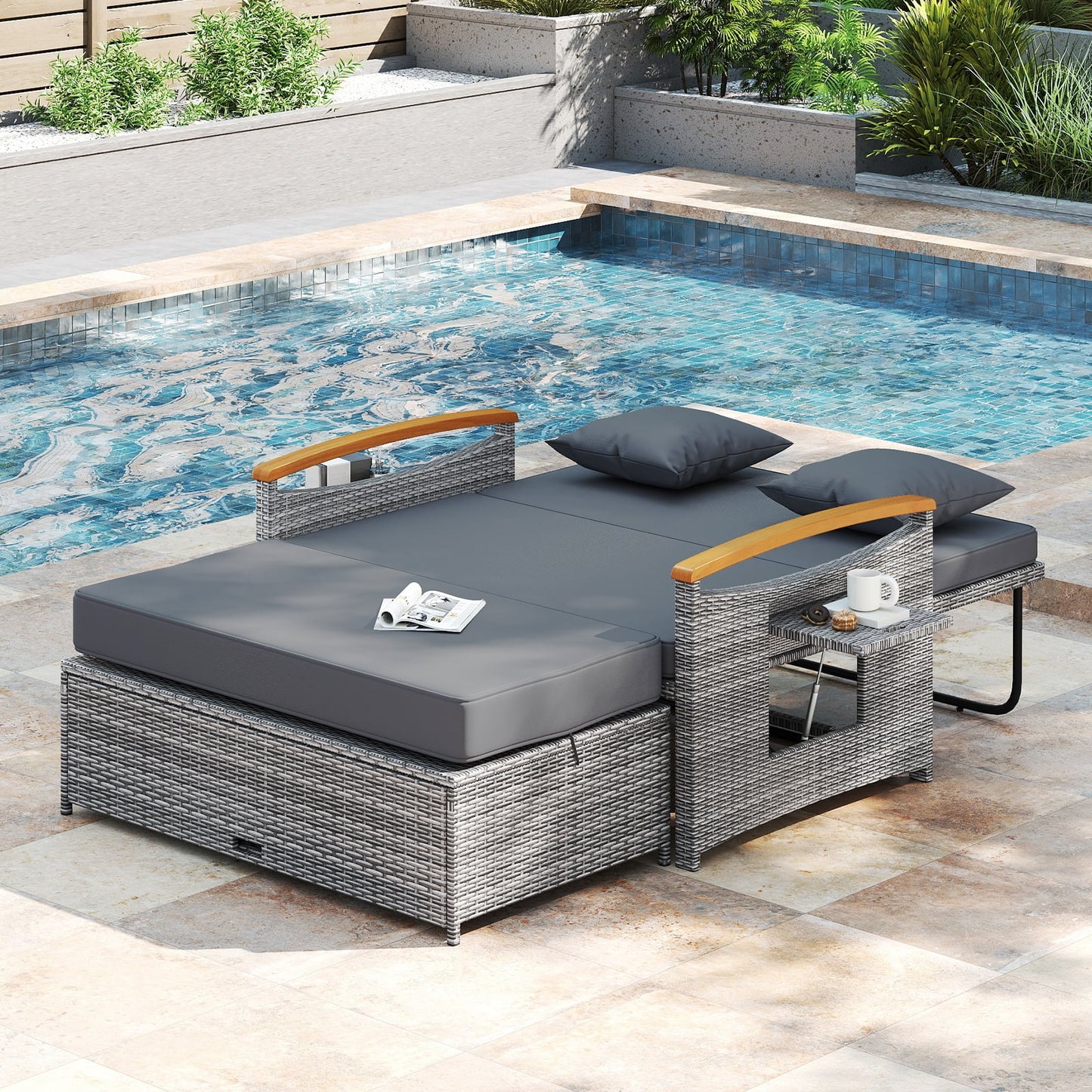 Outdoor Wicker Daybed with Folding Panels and Storage Ottoman-Mix Gray, Mix Grey-grey