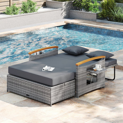 Outdoor Wicker Daybed with Folding Panels and Storage Ottoman-Mix Gray, Mix Grey-grey