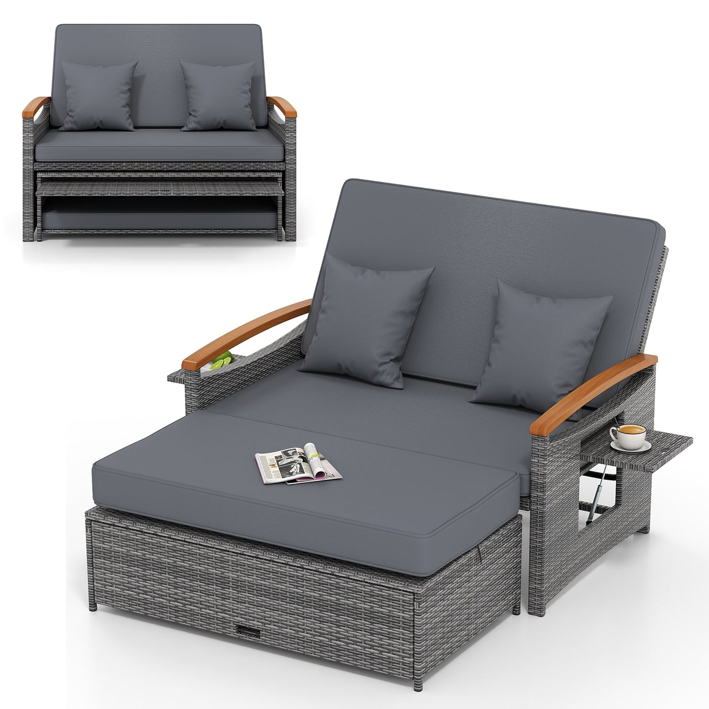 Outdoor Wicker Daybed with Folding Panels and Storage Ottoman-Mix Gray, Mix Grey-grey