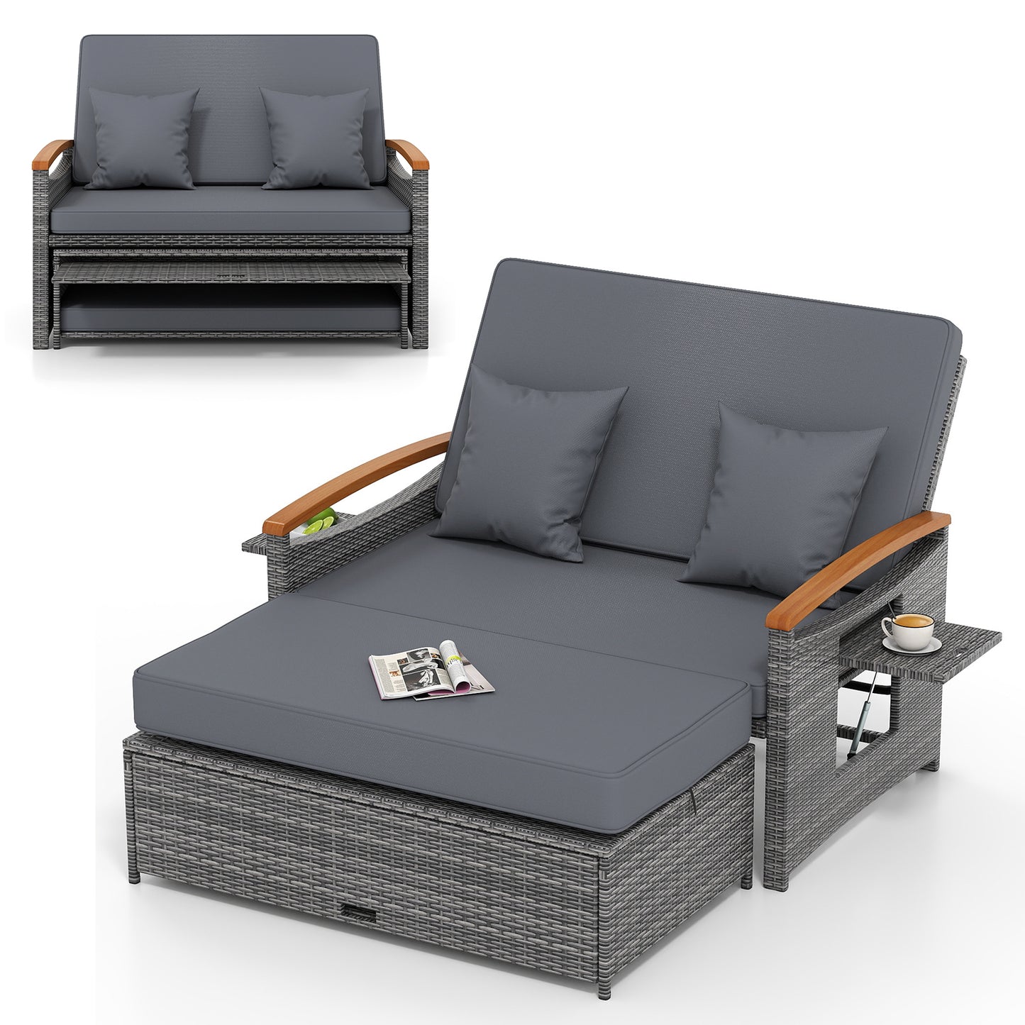 Outdoor Wicker Daybed with Folding Panels and Storage Ottoman-Mix Gray, Mix Grey-grey Outdoor Seating & Patio Chairs Mix Grey-grey at Gallery Canada