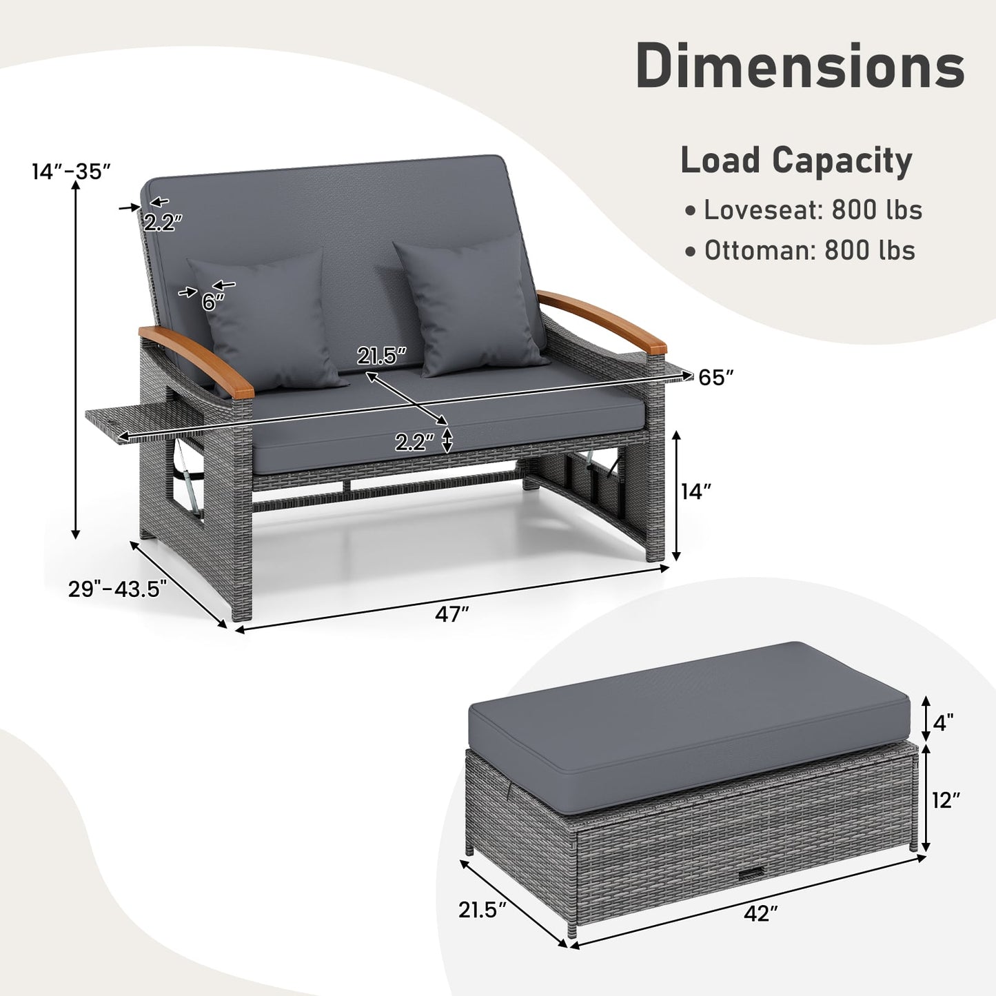 Outdoor Wicker Daybed with Folding Panels and Storage Ottoman-Mix Gray, Mix Grey-grey