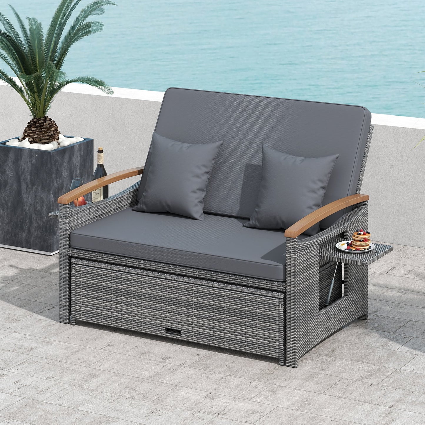 Outdoor Wicker Daybed with Folding Panels and Storage Ottoman-Mix Gray, Mix Grey-grey