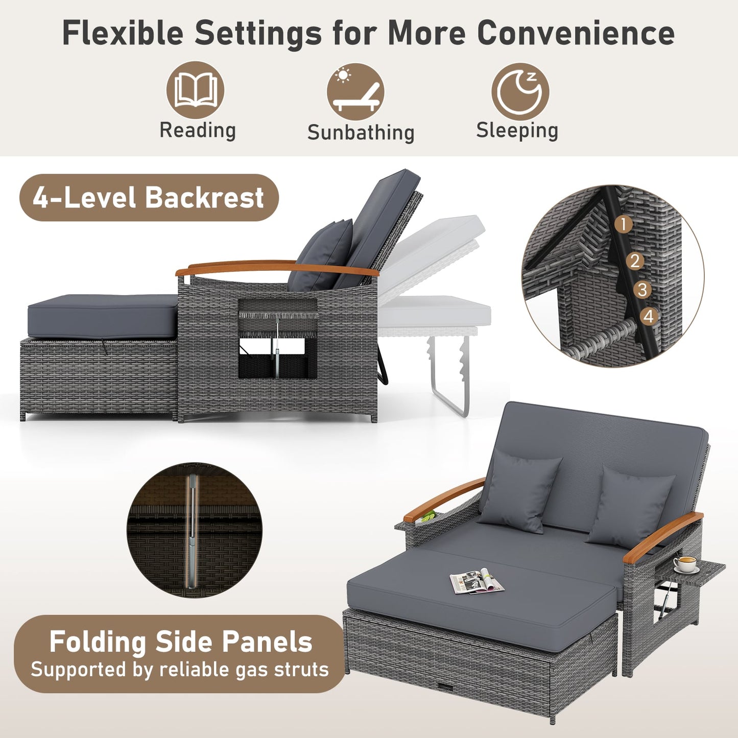 Outdoor Wicker Daybed with Folding Panels and Storage Ottoman-Mix Gray, Mix Grey-grey