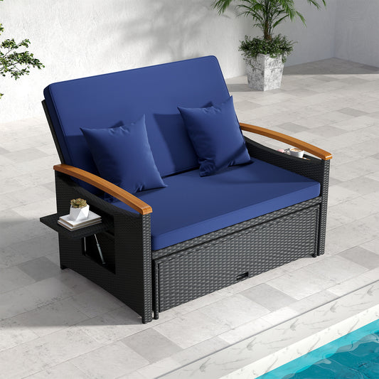Outdoor Wicker Daybed with Folding Panels and Storage Ottoman, Dark Blue