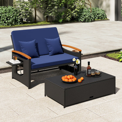 Outdoor Wicker Daybed with Folding Panels and Storage Ottoman, Dark Blue