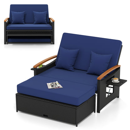 Outdoor Wicker Daybed with Folding Panels and Storage Ottoman, Dark Blue