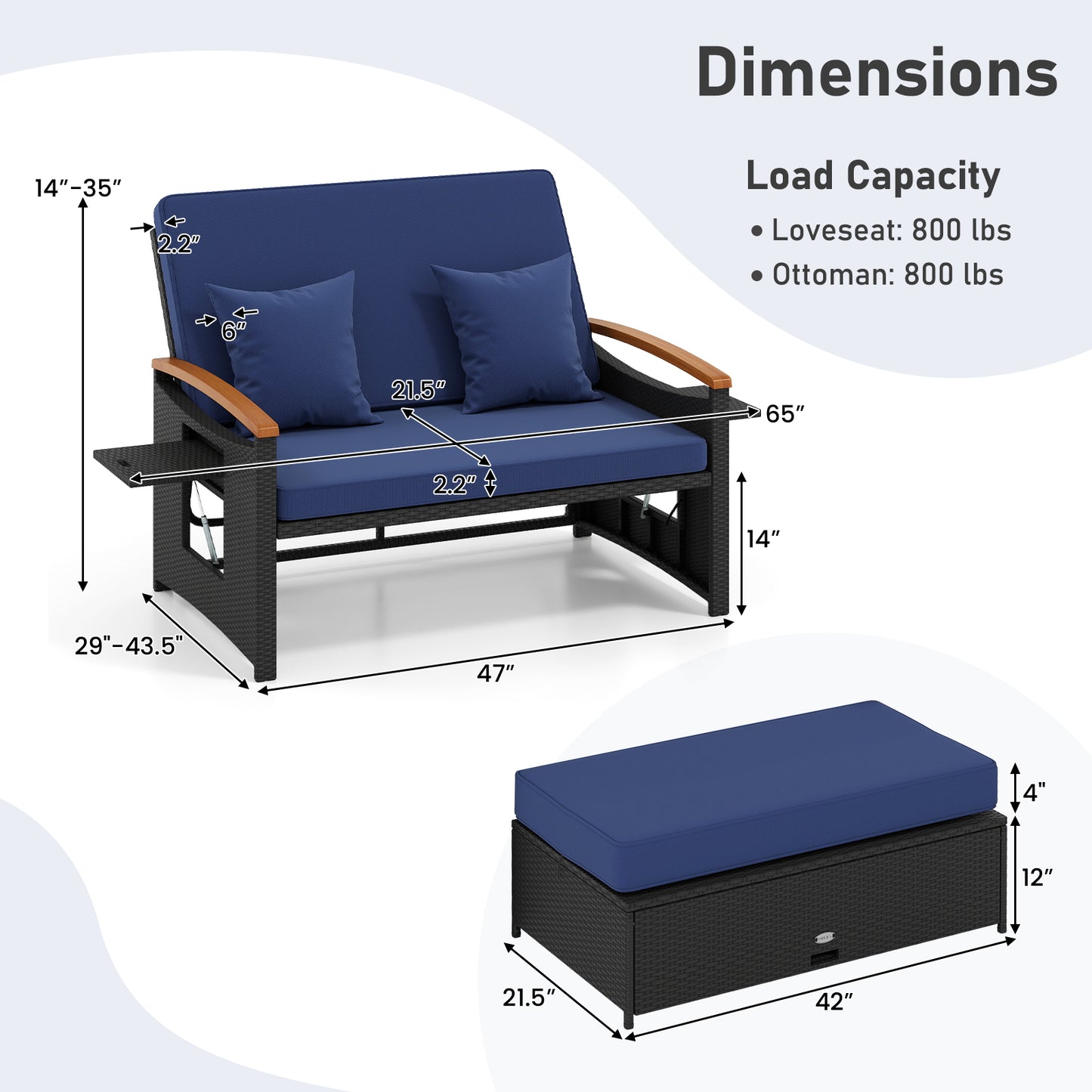 Outdoor Wicker Daybed with Folding Panels and Storage Ottoman, Dark Blue