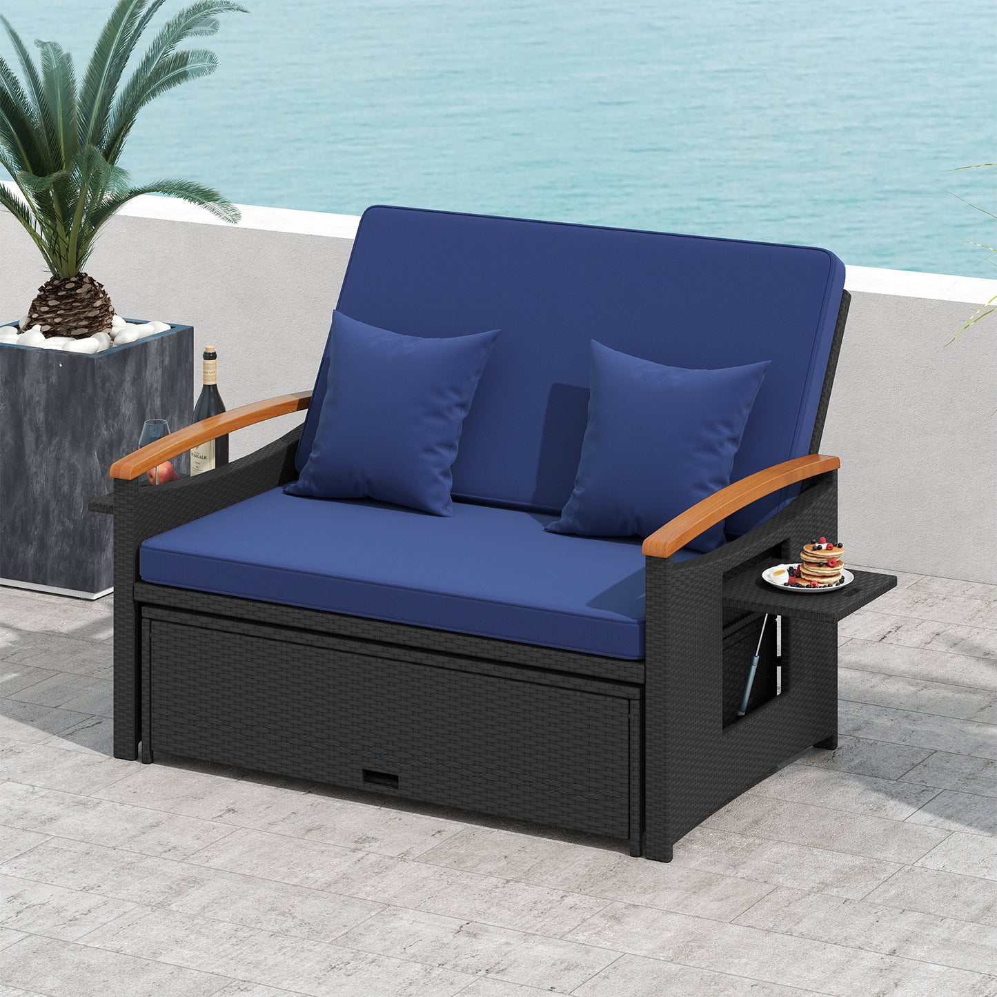 Outdoor Wicker Daybed with Folding Panels and Storage Ottoman, Dark Blue