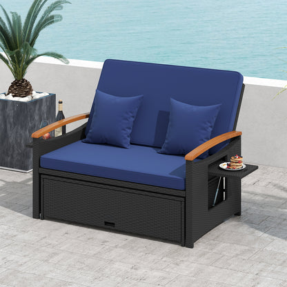 Outdoor Wicker Daybed with Folding Panels and Storage Ottoman, Dark Blue