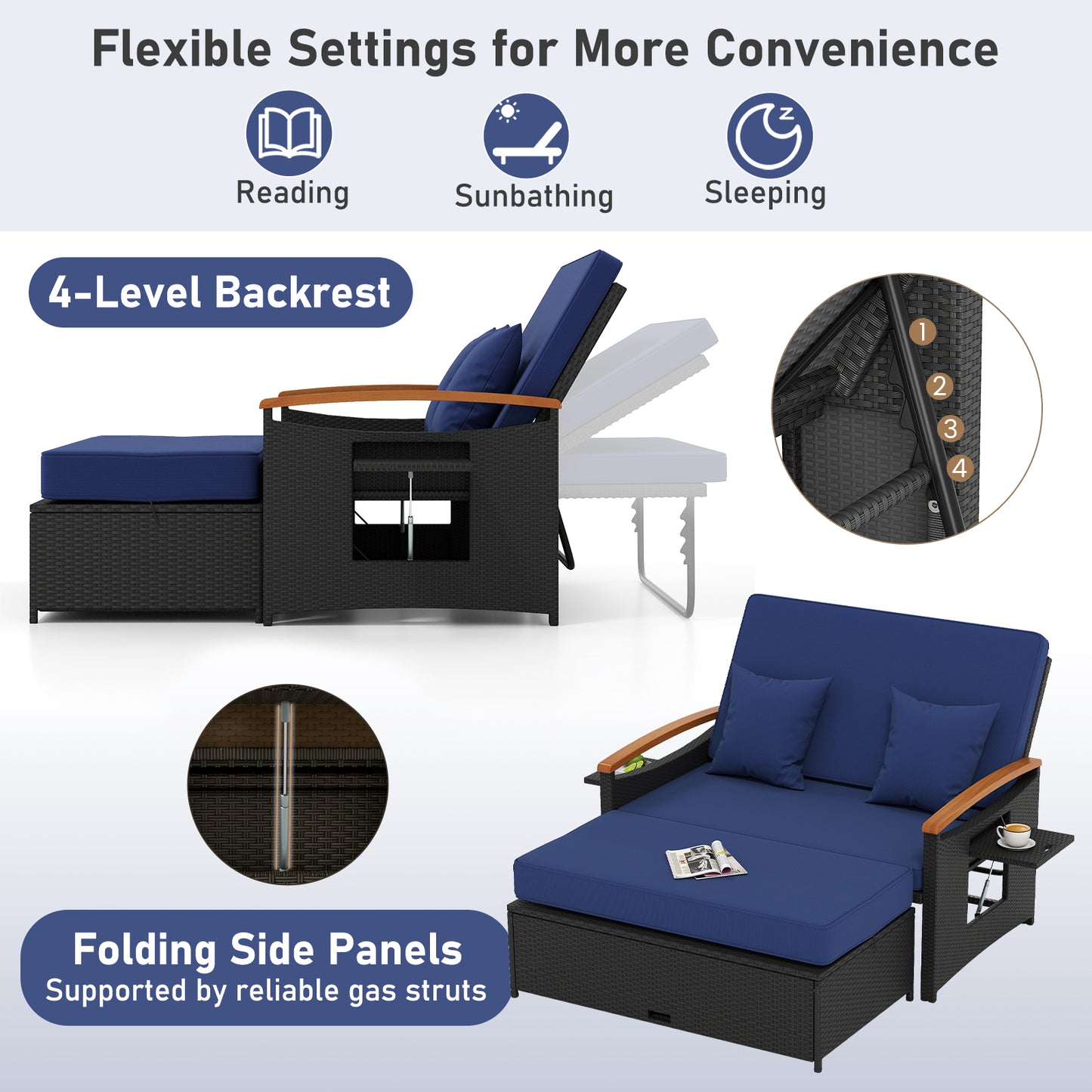 Outdoor Wicker Daybed with Folding Panels and Storage Ottoman, Dark Blue