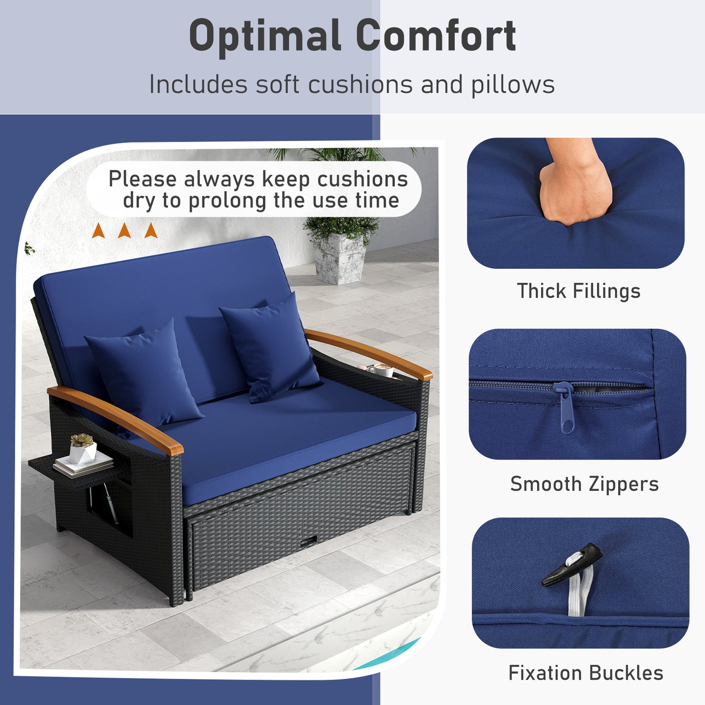 Outdoor Wicker Daybed with Folding Panels and Storage Ottoman, Dark Blue